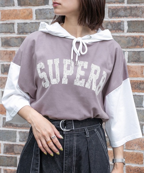 PairPair（ペアペア）の「バイカラー半袖パーカー（ユニセックス）（Tシャツ/カットソー・レディース・ダークパープル/マスタード/グレイッシュブルー・FREE）」の8枚目の写真