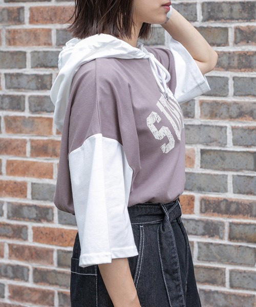 PairPair（ペアペア）の「バイカラー半袖パーカー（ユニセックス）（Tシャツ/カットソー・レディース・ダークパープル/マスタード/グレイッシュブルー・FREE）」の9枚目の写真