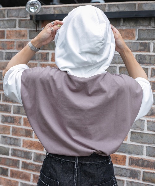 PairPair（ペアペア）の「バイカラー半袖パーカー（ユニセックス）（Tシャツ/カットソー・レディース・ダークパープル/マスタード/グレイッシュブルー・FREE）」の11枚目の写真