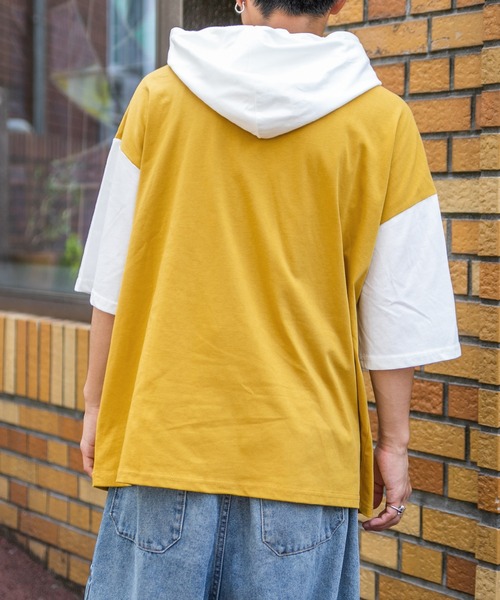 PairPair（ペアペア）の「バイカラー半袖パーカー（ユニセックス）（Tシャツ/カットソー・レディース・ダークパープル/マスタード/グレイッシュブルー・FREE）」の4枚目の写真