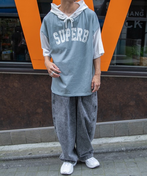 PairPair（ペアペア）の「バイカラー半袖パーカー（ユニセックス）（Tシャツ/カットソー・レディース・ダークパープル/マスタード/グレイッシュブルー・FREE）」の20枚目の写真