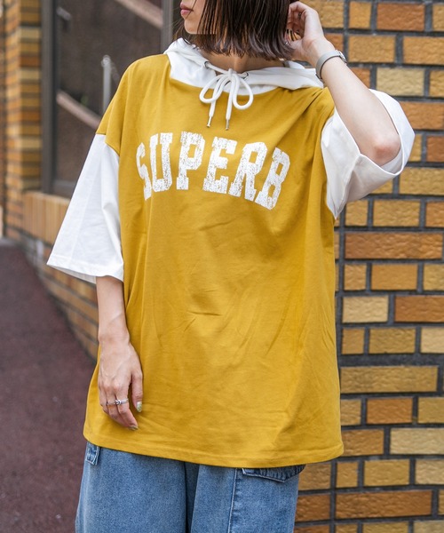 PairPair（ペアペア）の「バイカラー半袖パーカー（ユニセックス）（Tシャツ/カットソー・レディース・ダークパープル/マスタード/グレイッシュブルー・FREE）」の12枚目の写真