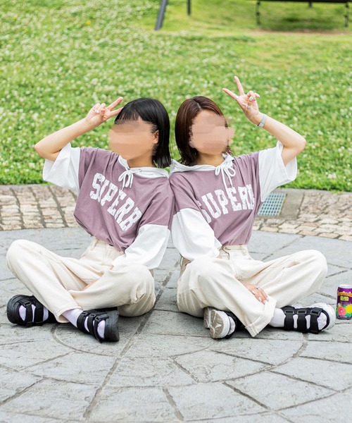 PairPair（ペアペア）の「バイカラー半袖パーカー（ユニセックス）（Tシャツ/カットソー・レディース・ダークパープル/マスタード/グレイッシュブルー・FREE）」の5枚目の写真