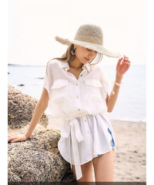 To the sea(トゥーザシー)の「フレンチスリーブウエストリボンシャツ(シャツ/ブラウス・レディース・ベージュ/ピンク/ホワイト・FREE)」の2枚目の写真