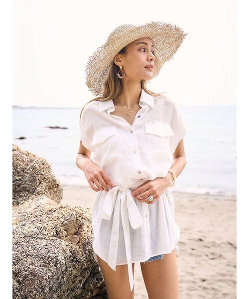 To the sea(トゥーザシー)の「フレンチスリーブウエストリボンシャツ(シャツ/ブラウス・レディース・ベージュ/ピンク/ホワイト・FREE)」の4枚目の写真