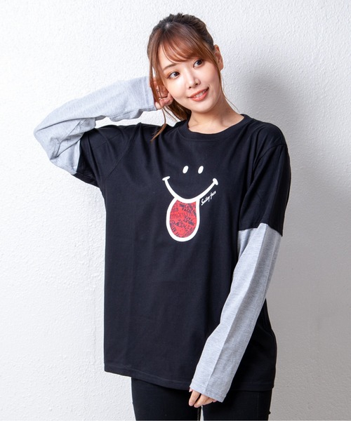 GGD（ジージーディー）の「スマイルロングTシャツ＆フェイクレイヤードTシャツ（Tシャツ/カットソー・レディース・ブラウン/ブラック系その他/ブラック/ブルー/ブルー系その他/グレー系その他/グレー/ホワイト・LL/L/M）」の4枚目の写真