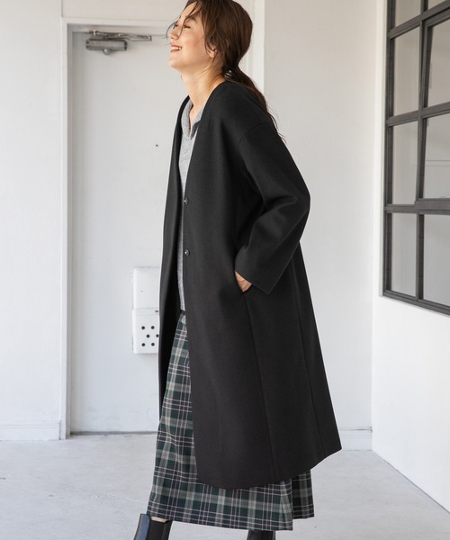 新品⭐ノーカラーコート⭐36(S)黒 SHIPS Colors ノーカラーコート コート Colors: ウール バックプリーツ