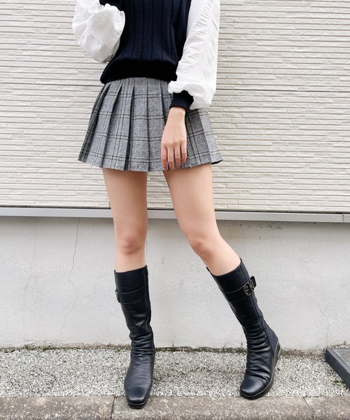 Loueme(ルエム)の「チェック柄プリーツスカパン(スカート・レディース・ブラック/ブラウン・FREE)」の1枚目の写真