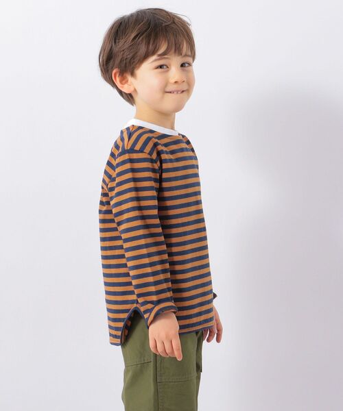 SHIPS any(シップス エニィ)の「SHIPS any: ラウンドヘム ボーダー 八分袖 Tシャツ<KIDS>◇(Tシャツ/カットソー・キッズ・ブラウン/ブルー/レッド・S(110-120)/M(125-135)/L(140-150))」の2枚目の写真