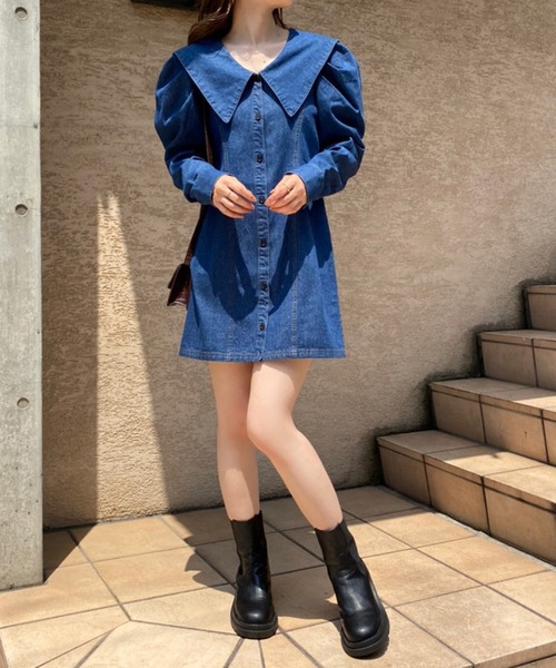 one after another NICE CLAUP(ワンアフターアナザーナイスクラップ)の「ミニシャツワンピース(ワンピース・レディース・ブラウン系その他/ブルー/キャメル・FREE)」の12枚目の写真