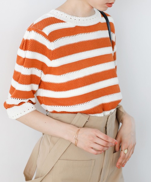 GeeRA(ジーラ)の「透かし編ボーダーサマーニット(ニット/セーター・レディース・ブラック/オレンジ・MEDIUM/LARGE)」の8枚目の写真