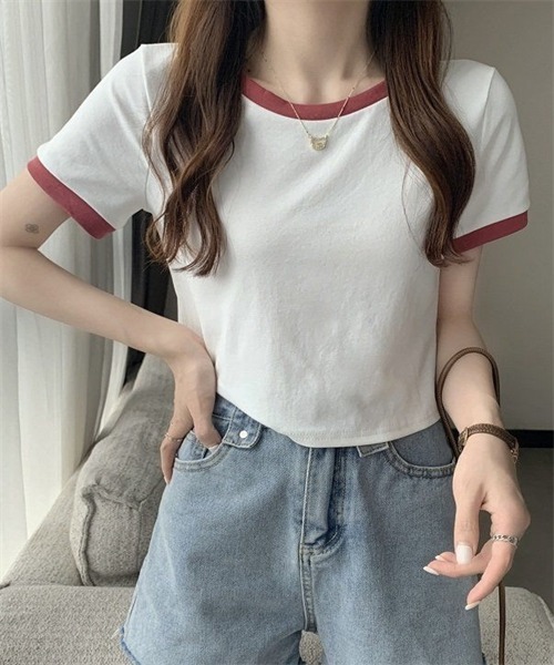 Dream garden(ドリームガーデン)の「配色ライン半袖Tシャツ(Tシャツ/カットソー・レディース・ホワイト/ブラック/ピンク/杢グレー/オフホワイト/ブルー・M/L/XL/XXL)」の3枚目の写真