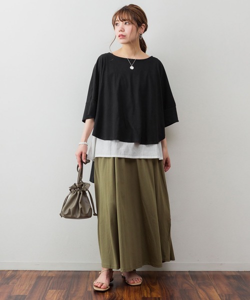 atONE（アットワン）の「atONE 異素材重ね着風プルオーバー（Tシャツ/カットソー・レディース・ブラック/カーキ/ライトブラウン/杢グレー・M-L/4L～5L/LL～3L）」の2枚目の写真