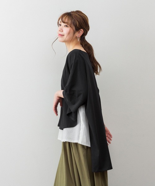 atONE（アットワン）の「atONE 異素材重ね着風プルオーバー（Tシャツ/カットソー・レディース・ブラック/カーキ/ライトブラウン/杢グレー・M-L/4L～5L/LL～3L）」の12枚目の写真