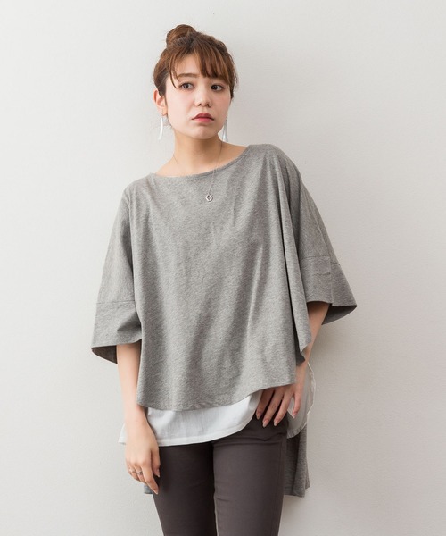 atONE（アットワン）の「atONE 異素材重ね着風プルオーバー（Tシャツ/カットソー・レディース・ブラック/カーキ/ライトブラウン/杢グレー・M-L/4L～5L/LL～3L）」の14枚目の写真