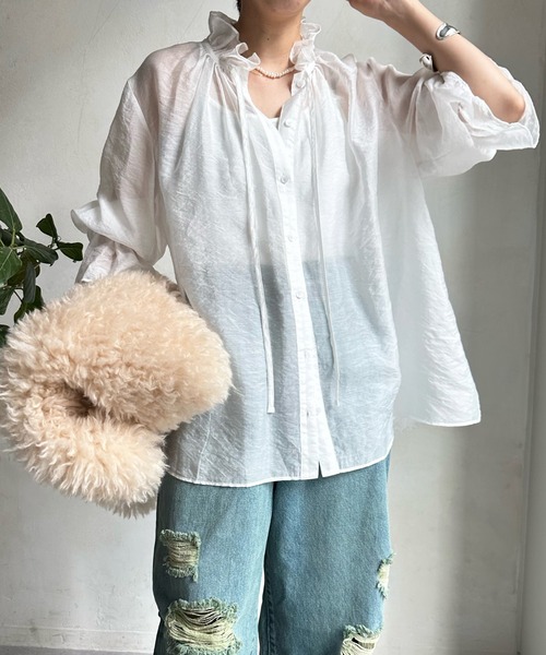 DouDou（ドゥドゥ）の「7分袖シアーフリルブラウス（シャツ/ブラウス 