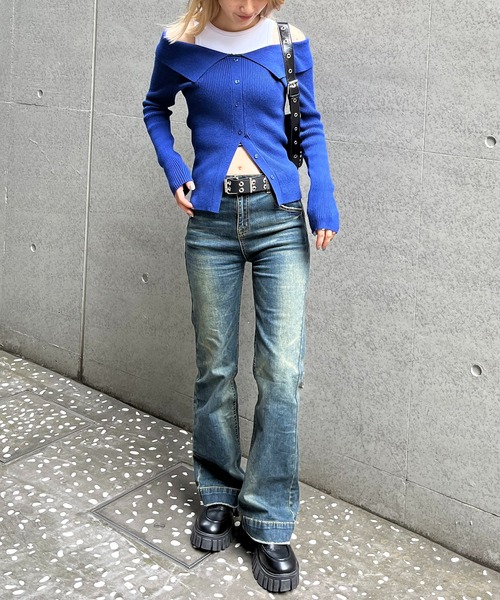 SPIRALGIRL（スパイラルガール）の「オフショルスリットヘムニットトップス（ニット/セーター・レディース・ブラック/ホワイト/ブルー・FREE）」の16枚目の写真