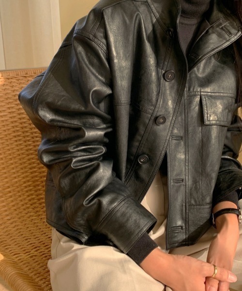 セール】スタンドカラーフェイクレザージャケット（その他アウター