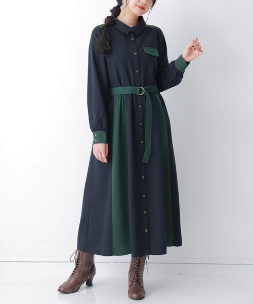 osharewalker（オシャレウォーカー）の「『配色デザインシャツワンピース』（シャツワンピース・レディース・ネイビー/チャコール・2/1）」の4枚目の写真