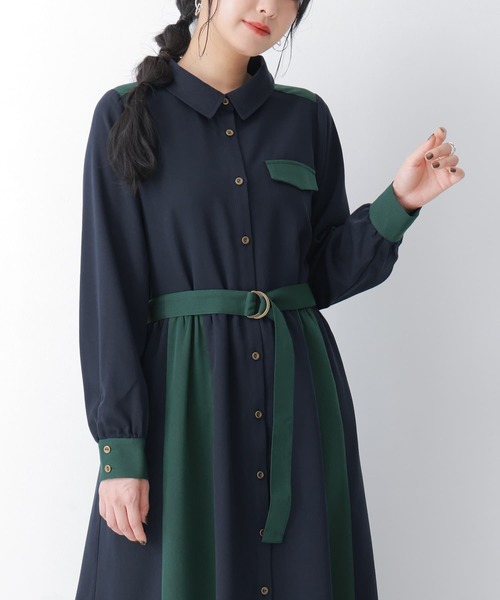 osharewalker（オシャレウォーカー）の「『配色デザインシャツワンピース』（シャツワンピース・レディース・ネイビー/チャコール・2/1）」の9枚目の写真