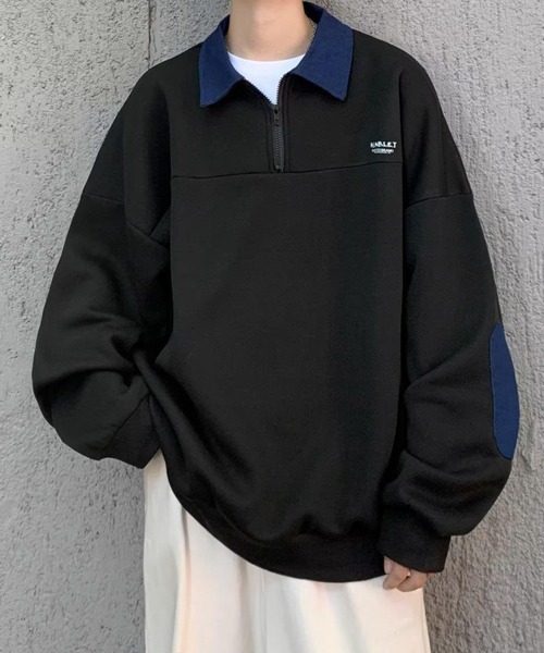 NOWLE（ノウル）の「【NOWLE】ワンポイント ロゴ ハーフジップ ポロネック スウェット（スウェット・メンズ・ブラック・MEDIUM/LARGE/X-LARGE）」の5枚目の写真