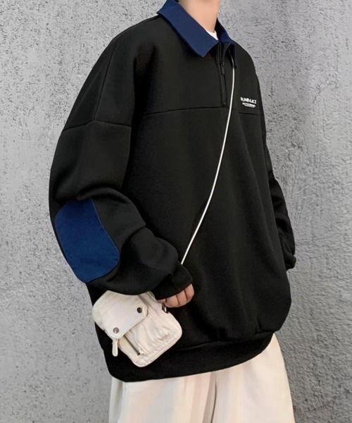 NOWLE（ノウル）の「【NOWLE】ワンポイント ロゴ ハーフジップ ポロネック スウェット（スウェット・メンズ・ブラック・MEDIUM/LARGE/X-LARGE）」の8枚目の写真