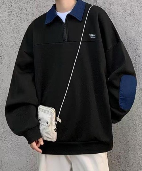 NOWLE（ノウル）の「【NOWLE】ワンポイント ロゴ ハーフジップ ポロネック スウェット（スウェット・メンズ・ブラック・MEDIUM/LARGE/X-LARGE）」の9枚目の写真