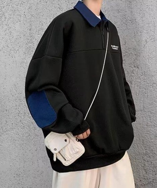 NOWLE（ノウル）の「【NOWLE】ワンポイント ロゴ ハーフジップ ポロネック スウェット（スウェット・メンズ・ブラック・MEDIUM/LARGE/X-LARGE）」の11枚目の写真