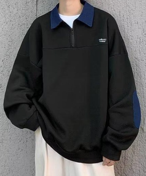 NOWLE（ノウル）の「【NOWLE】ワンポイント ロゴ ハーフジップ ポロネック スウェット（スウェット・メンズ・ブラック・MEDIUM/LARGE/X-LARGE）」の12枚目の写真