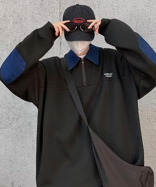NOWLE（ノウル）の「【NOWLE】ワンポイント ロゴ ハーフジップ ポロネック スウェット（スウェット・メンズ・ブラック・MEDIUM/LARGE/X-LARGE）」の15枚目の写真