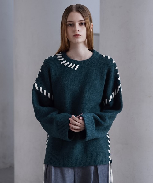 CLEL】Hand Stitching Side Lace Knit/ハンドステッチ サイドレース