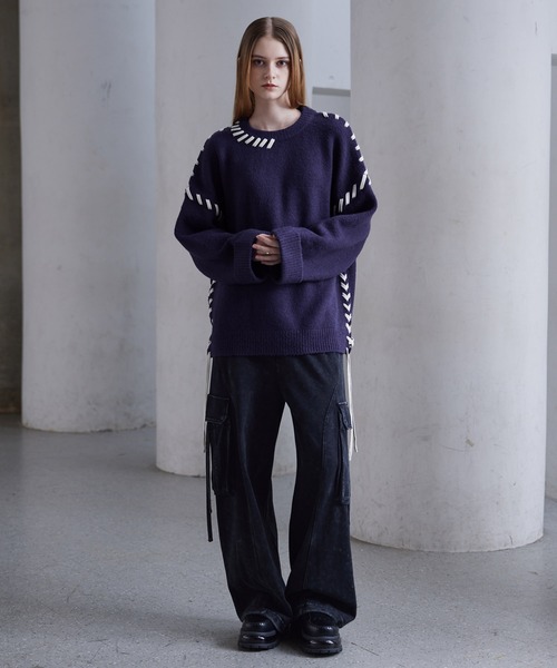 CLEL】Hand Stitching Side Lace Knit/ハンドステッチ サイドレース