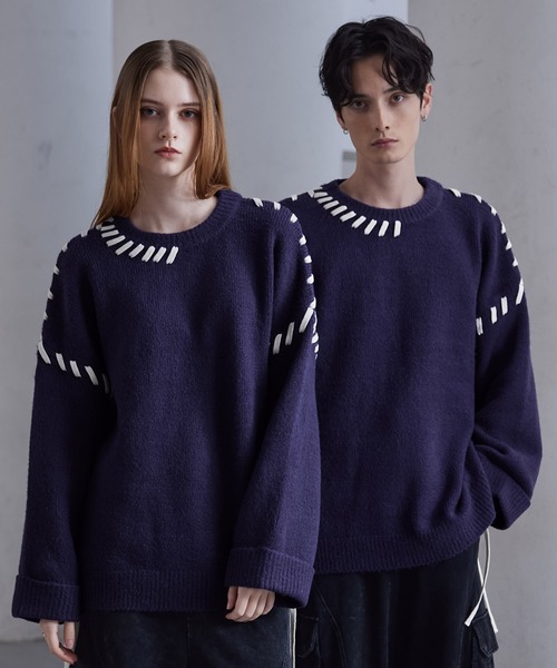 CLEL】Hand Stitching Side Lace Knit/ハンドステッチ サイドレース