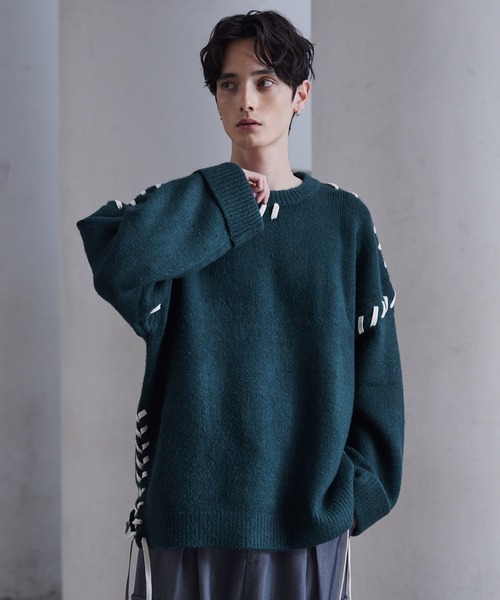 セール】【CLEL】Hand Stitching Side Lace Knit/ハンドステッチ