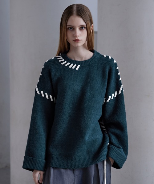 CLEL】Hand Stitching Side Lace Knit/ハンドステッチ サイドレース