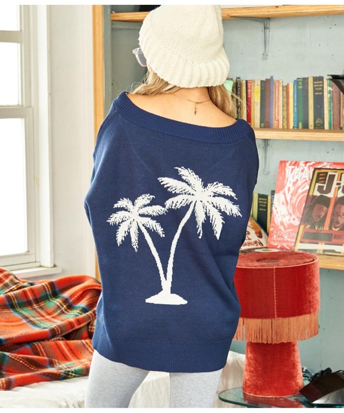 anap mimpi（アナップミンピ）の「CaliforniaパームツリーVネックニットトップス（ニット/セーター・レディース・アイボリー/ネイビー・FREE）」の2枚目の写真