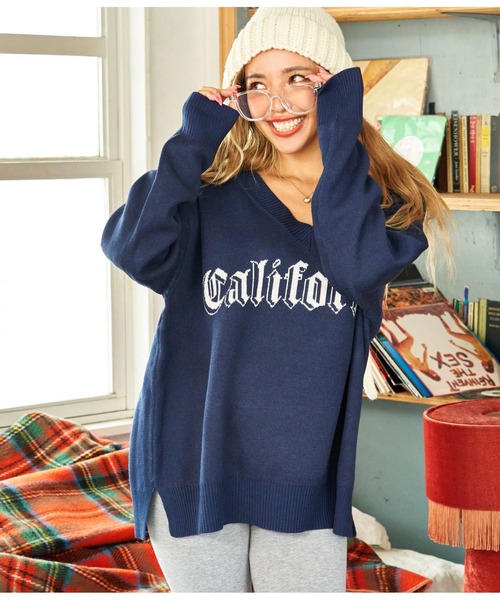 anap mimpi（アナップミンピ）の「CaliforniaパームツリーVネックニットトップス（ニット/セーター・レディース・アイボリー/ネイビー・FREE）」の8枚目の写真