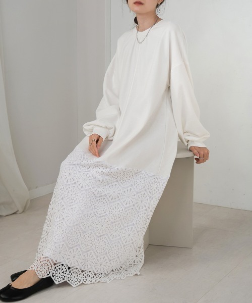 Bab(バブ)の「ヘムレーススウェットワンピース(ワンピース・レディース・ミント/オフホワイト/ベージュ・S/M)」の8枚目の写真