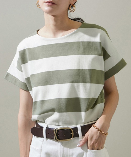 SALON adam et rope'（サロン アダム エ ロペ）の「【WEB限定】ポンチワイドボーダーTシャツ/24SS（Tシャツ/カットソー・レディース・オリーブ/ブラック・FREE）」の2枚目の写真