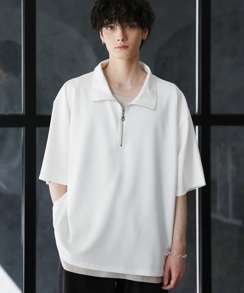 梨地ハーフジップ 半袖プルオーバー（Tシャツ/カットソー