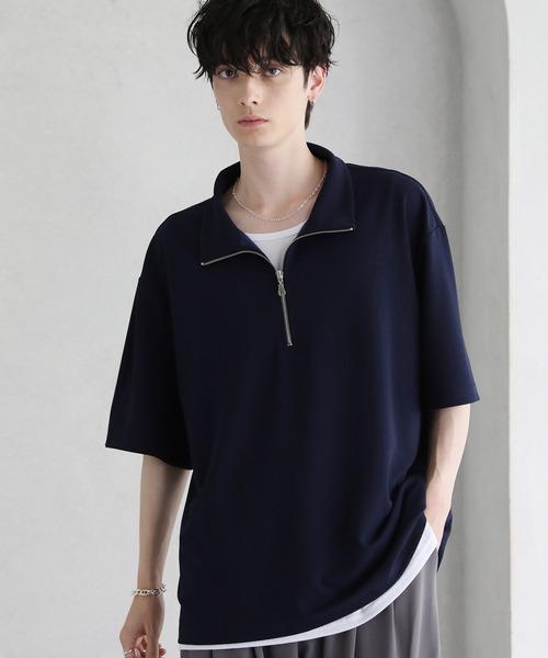 Lサイズ相当 D&G ハーフジップ 半袖 Tシャツ カットソー ロゴプレート 梨地ハーフジップ 半袖プルオーバー（Tシャツ/カットソー
