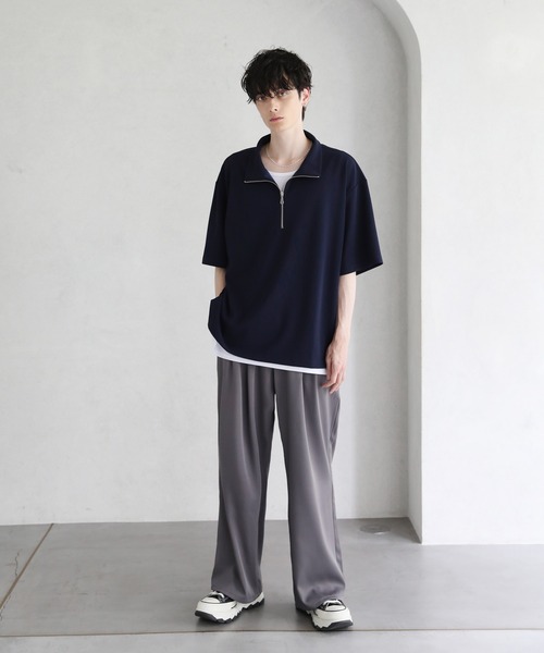 梨地ハーフジップ 半袖プルオーバー（Tシャツ/カットソー