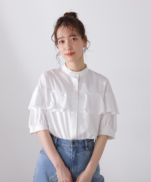 N.（N. Natural Beauty Basic）（エヌエヌナチュラルビューティーベーシック）の「◆◇バンドカラーラッフルブラウス（シャツ/ブラウス・レディース・オフホワイト/ブルー/オレンジ/グレー・MEDIUM）」の5枚目の写真