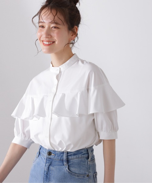 N.（N. Natural Beauty Basic）（エヌエヌナチュラルビューティーベーシック）の「◆◇バンドカラーラッフルブラウス（シャツ/ブラウス・レディース・オフホワイト/ブルー/オレンジ/グレー・MEDIUM）」の6枚目の写真