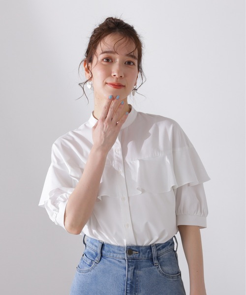 N.（N. Natural Beauty Basic）（エヌエヌナチュラルビューティーベーシック）の「◆◇バンドカラーラッフルブラウス（シャツ/ブラウス・レディース・オフホワイト/ブルー/オレンジ/グレー・MEDIUM）」の10枚目の写真