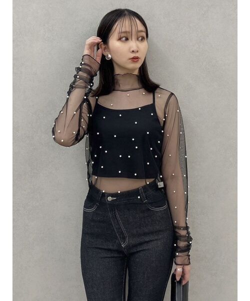 dazzlin（ダズリン）の「ランダムパールチュールシアートップス（Tシャツ/カットソー・レディース・ベージュ/ブラック・FREE）」の4枚目の写真