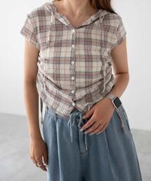 DISPARK/シャーリングリネンフードチェックシャツ