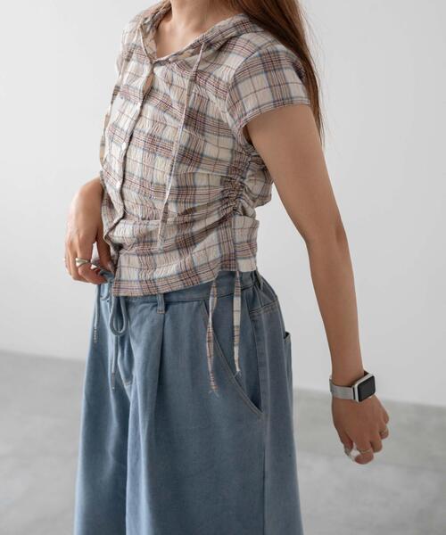 dispark（ディスパーク）の「DISPARK/シャーリングリネンフードチェックシャツ（シャツ/ブラウス・レディース・アイボリー・FREE）」の3枚目の写真