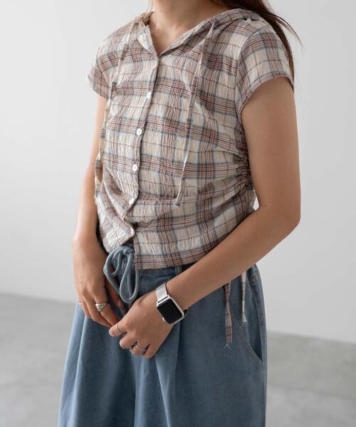 dispark（ディスパーク）の「DISPARK/シャーリングリネンフードチェックシャツ（シャツ/ブラウス・レディース・アイボリー・FREE）」の4枚目の写真