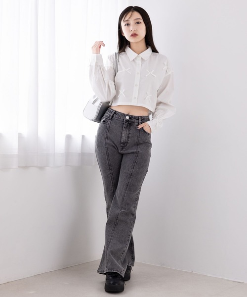 repipi armario（レピピ アルマリオ）の「リボンショートシャツ（シャツ/ブラウス・キッズ・ブラック/ホワイト/サックスブルー・LARGE/MEDIUM）」の5枚目の写真